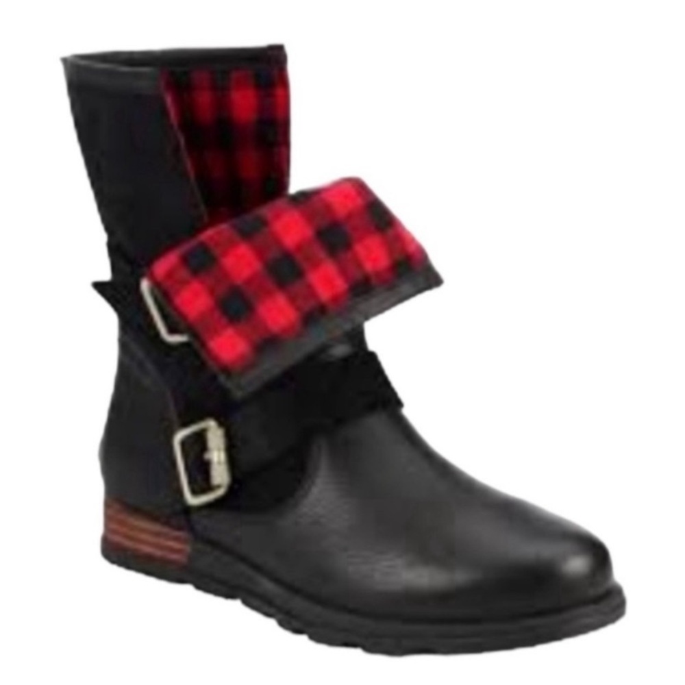 Sorel Major Moto Black Leather Checkered Lined Casual Winter Warm Boot Shoes 7